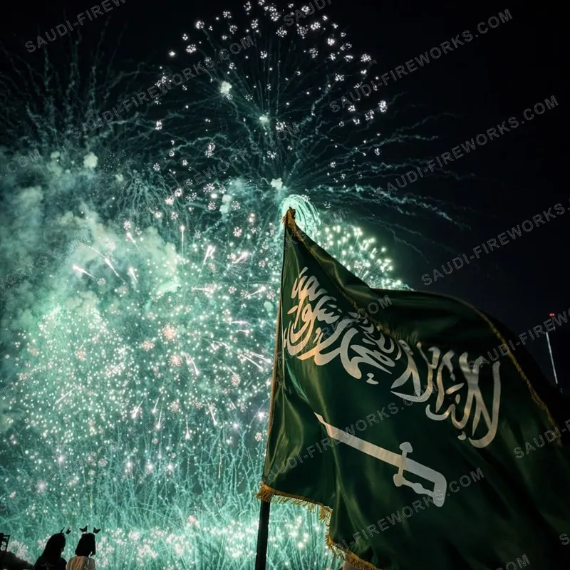 عرض ناري كثيف بالأخضر والفضي خلف العلم السعودي في مناسبة وطنية — شركة هضاب