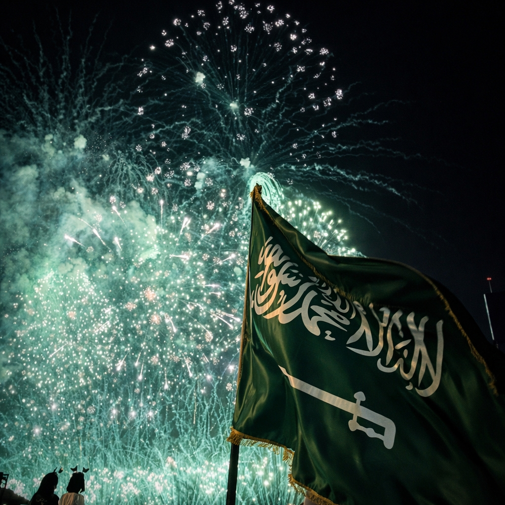 علم المملكة أمام سماء مليئة بألعاب نارية خضراء