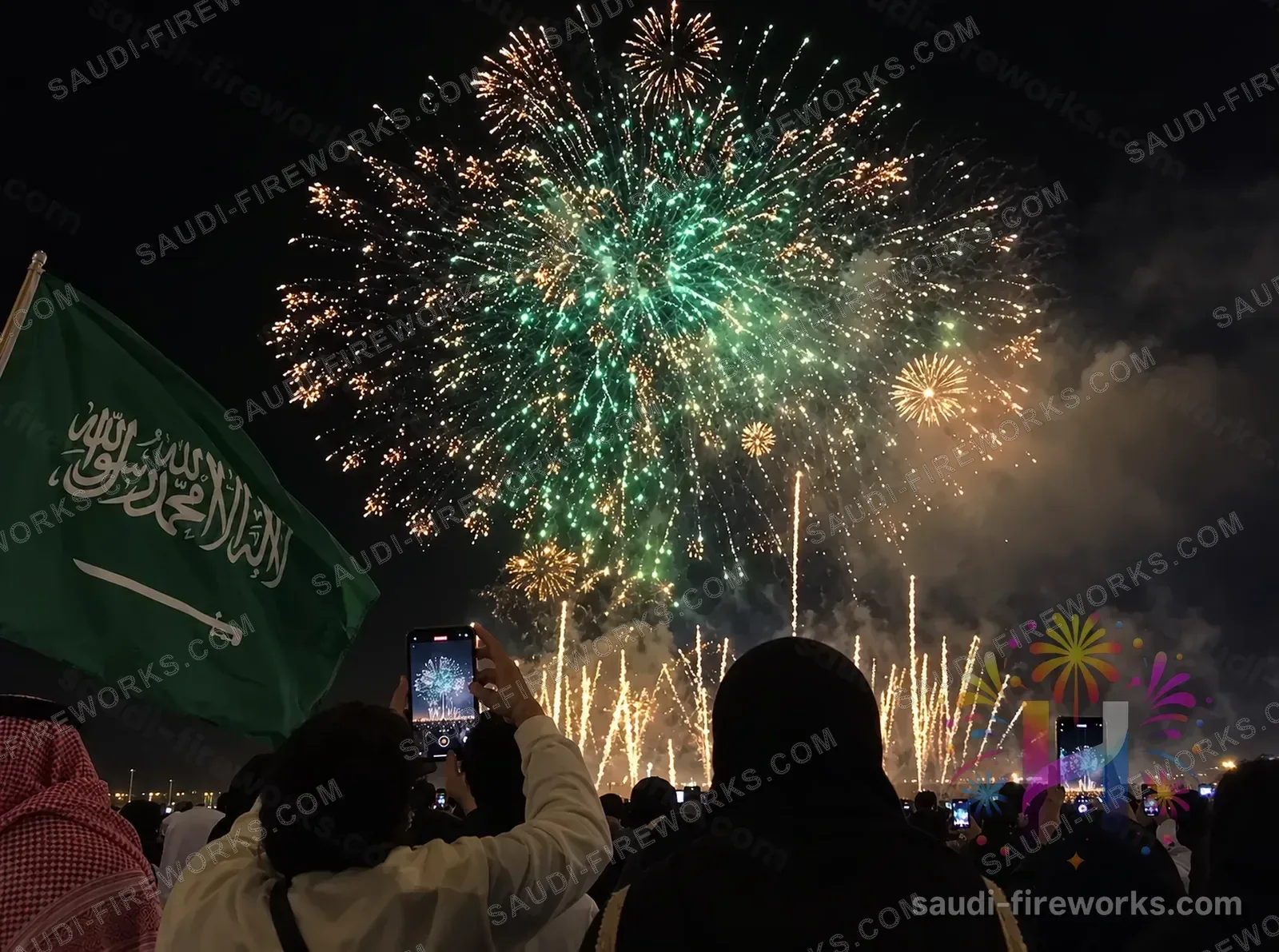جمهور يحمل العلم السعودي ويصوّر عرض الألعاب النارية في اليوم الوطني — تنفيذ شركة هضاب للألعاب النارية